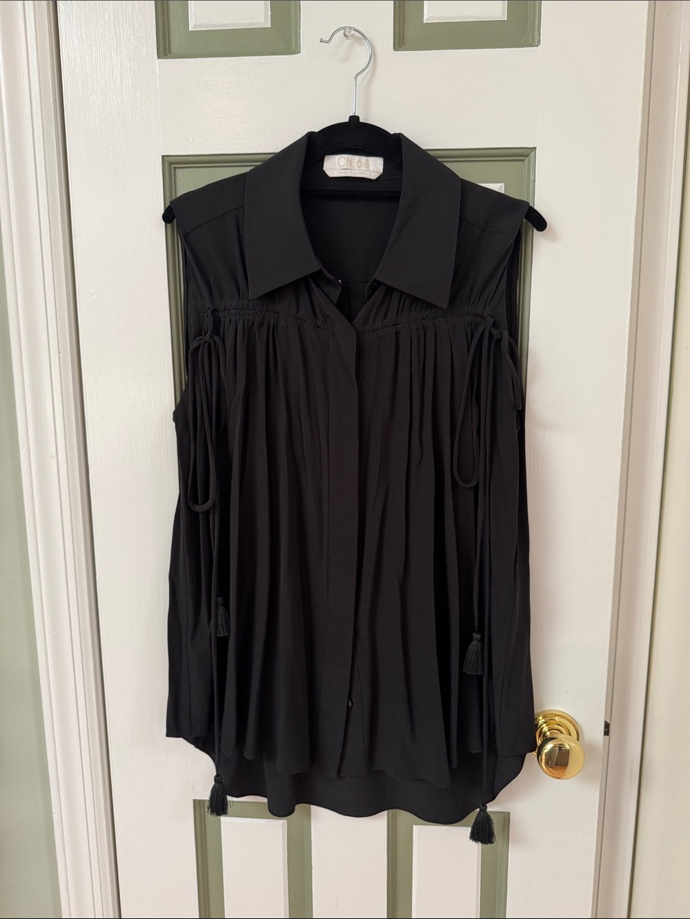 Chloe Black Silk Sleeveless Pleated Tie-Detail Blouse